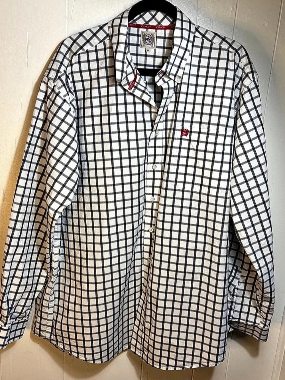 Cinch Mens XL Western Plaid Button Down Shirt Black White Red Collar Long Sleeve